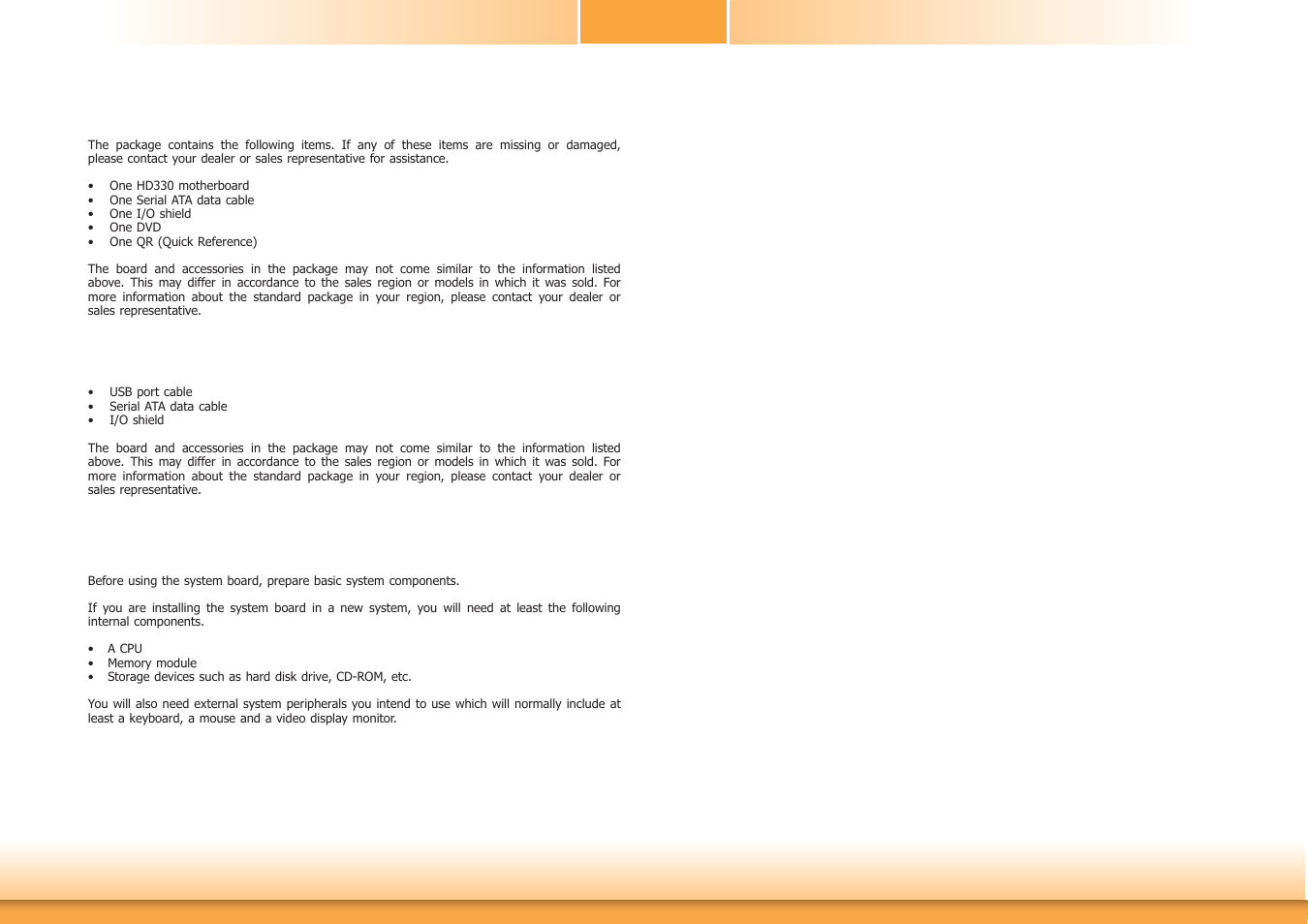 About the package, Before using the system board, Optional items | DFI HD330-Q87 User Manual | Page 5 / 85