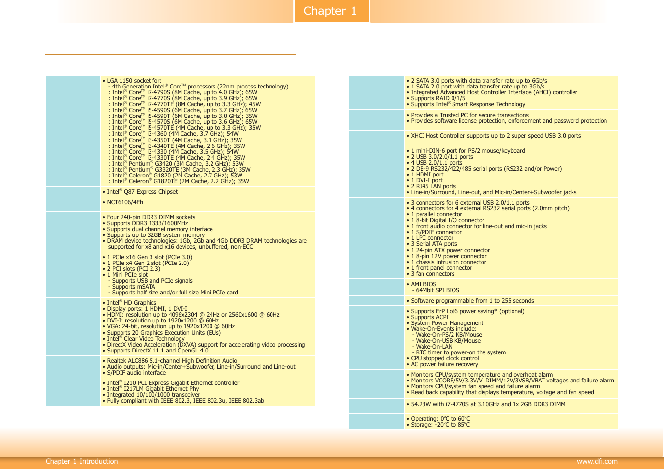 Chapter 1 - introduction, Specifications, Chapter 1 | DFI HD330-Q87 User Manual | Page 6 / 85
