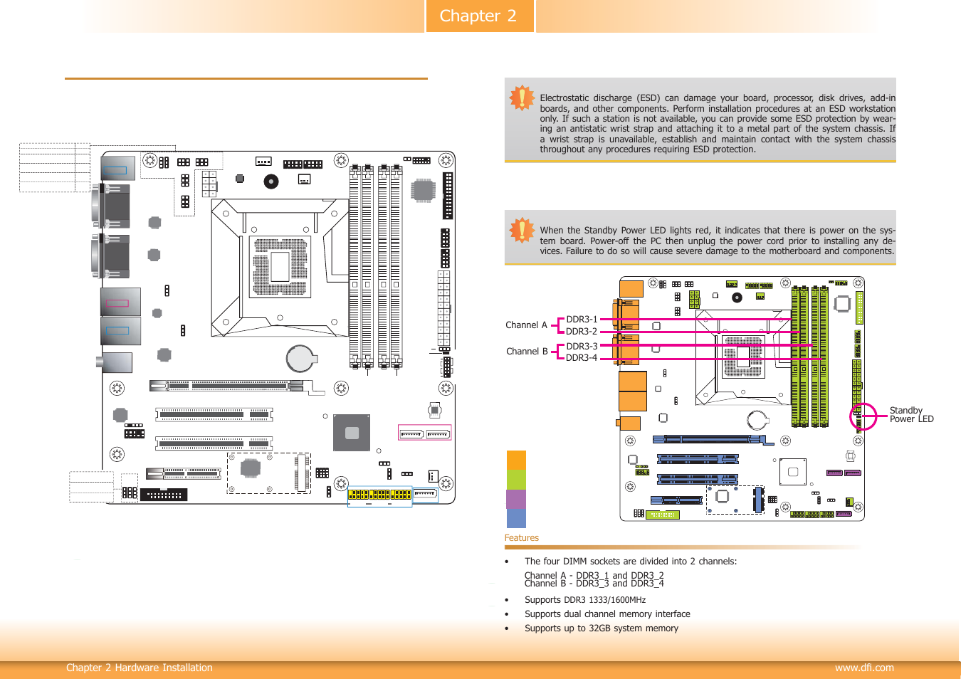 Chapter 2 - hardware installation, System board layout, System memory | Chapter 2 chapter 2 - hardware installation, Board layout, Rear i/o onboard i/o storage expansion, Chapter 2 hardware installation, Standby power led features, Channel a - ddr3_1 and ddr3_2, Channel b - ddr3_3 and ddr3_4 • supports | DFI HD330-Q87 User Manual | Page 9 / 85