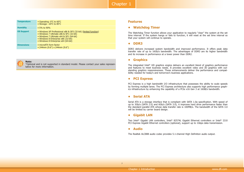 Features, Chapter 1 | DFI HD332-H81 User Manual | Page 7 / 76