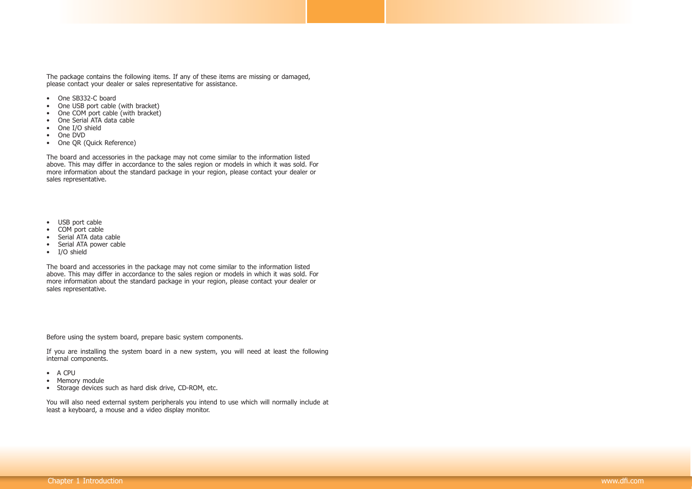 About the package, Before using the system board, Optional items | DFI SB332-C User Manual | Page 5 / 68