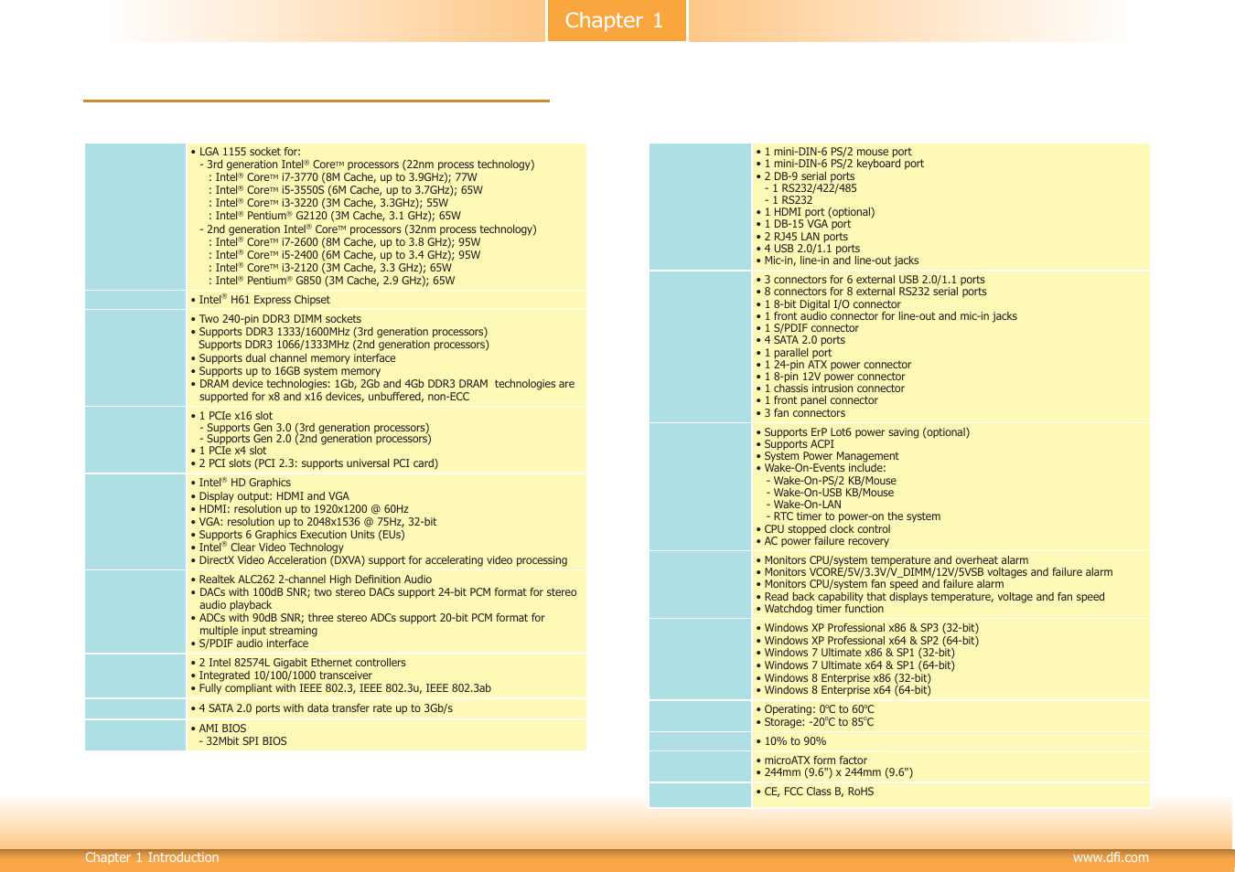 Chapter 1 - introduction, Specifications, Chapter 1 | DFI SB332-C User Manual | Page 6 / 68