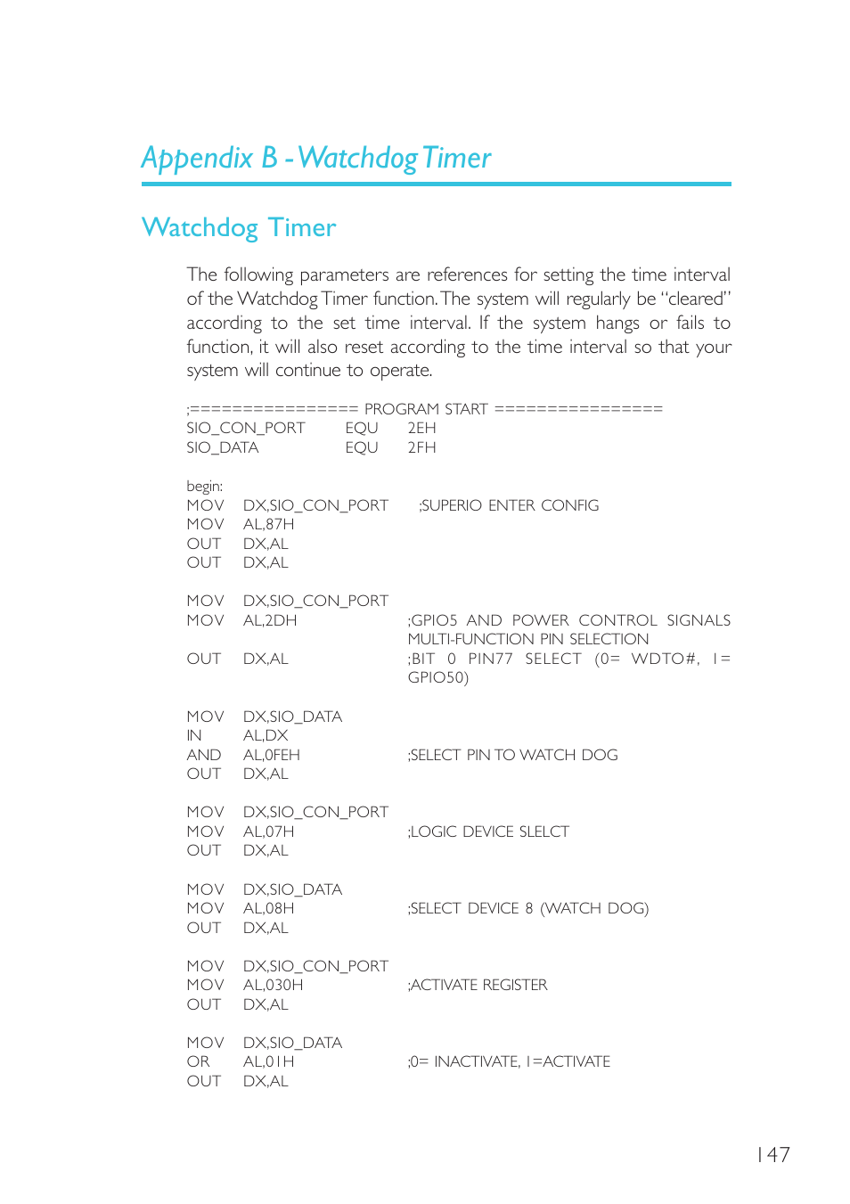 Appendix b - watchdog timer, Watchdog timer | DFI SR330-N User Manual | Page 147 / 155