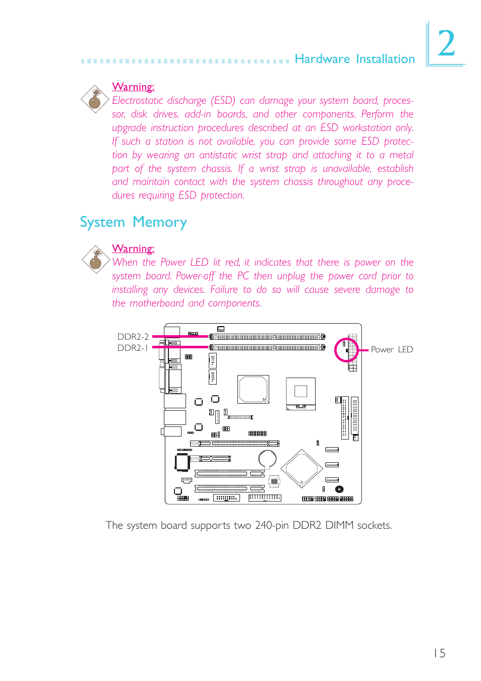 System memory, Hardware installation, Ddr2-2 ddr2-1 power led | DFI SR330-N User Manual | Page 15 / 155