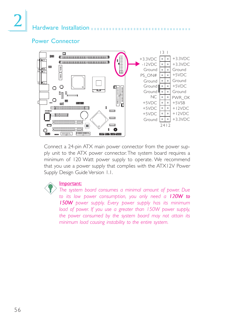 Hardware installation, Power connector | DFI SR330-N User Manual | Page 56 / 155