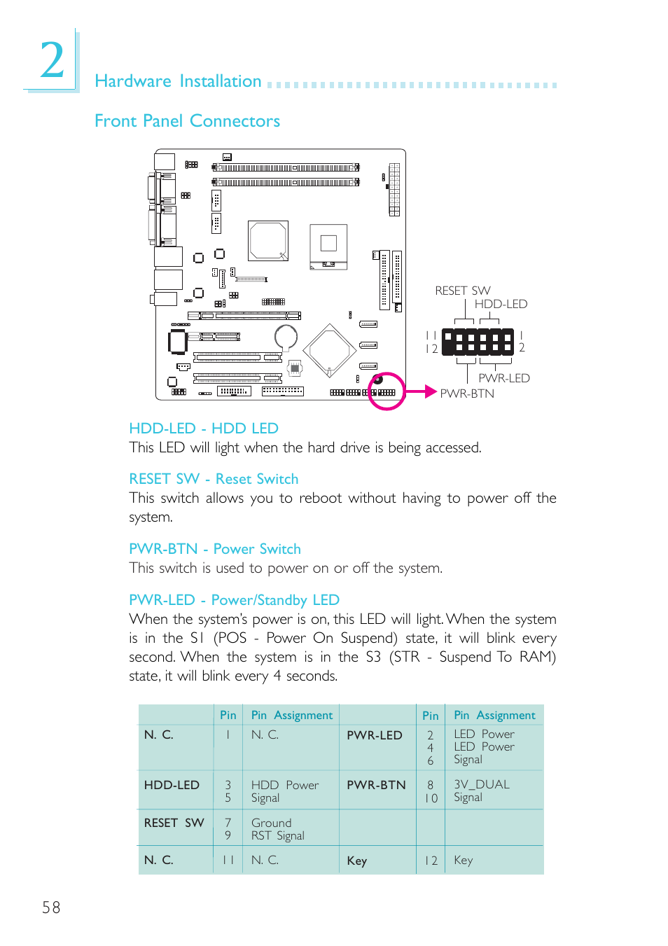 Hardware installation front panel connectors | DFI SR330-N User Manual | Page 58 / 155