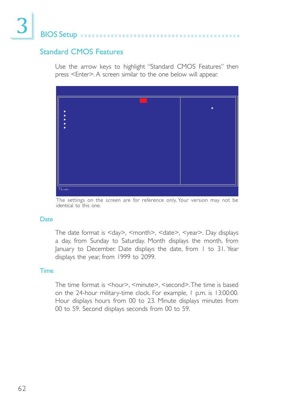 Bios setup, Standard cmos features | DFI SR330-N User Manual | Page 62 / 155