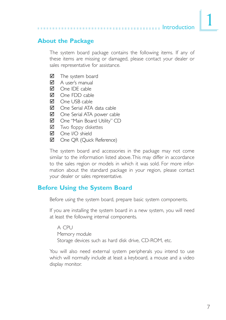 About the package, Before using the system board | DFI SR330-N User Manual | Page 7 / 155