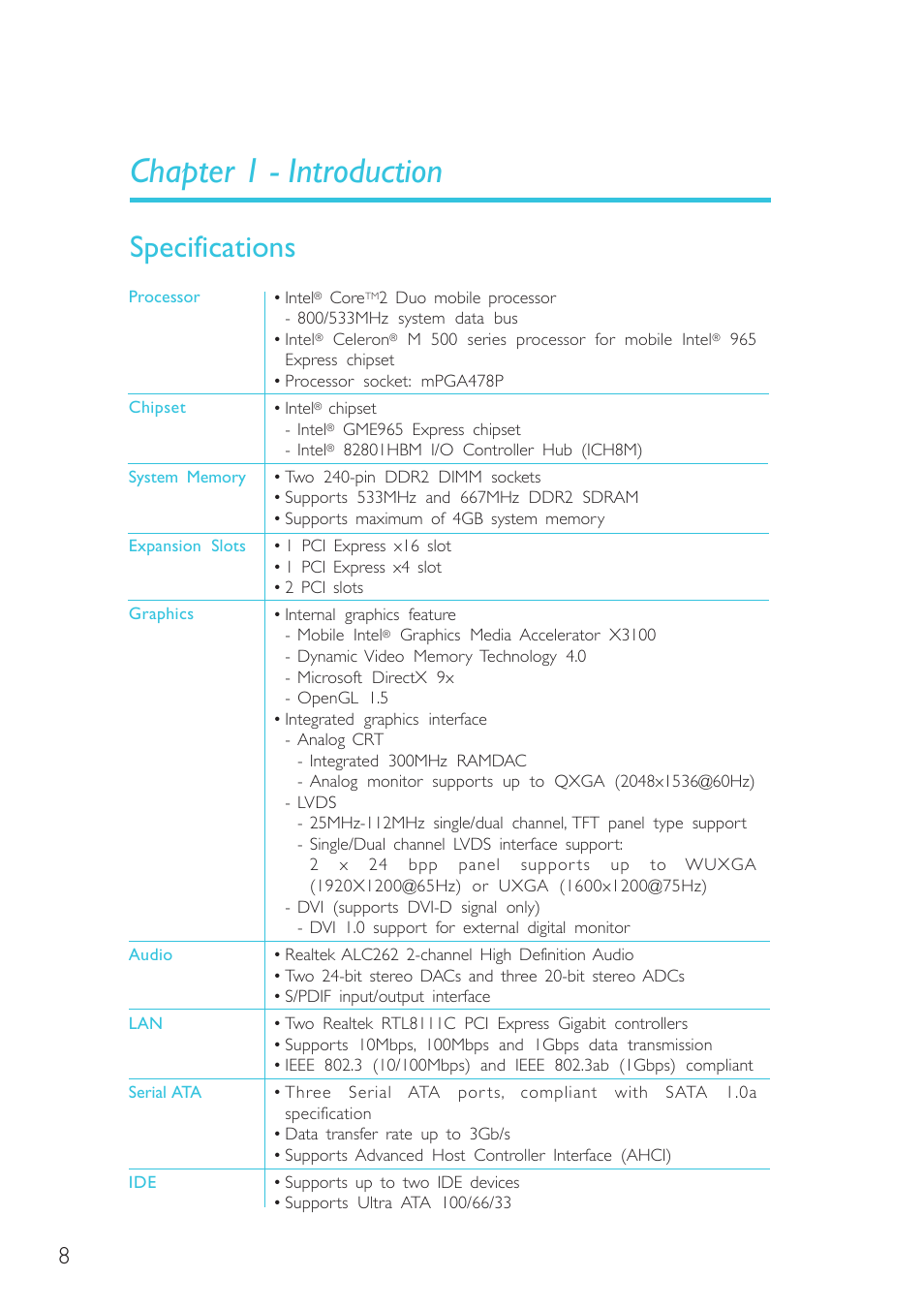 Chapter 1 - introduction, Specifications, Introduction | DFI SR330-N User Manual | Page 8 / 155