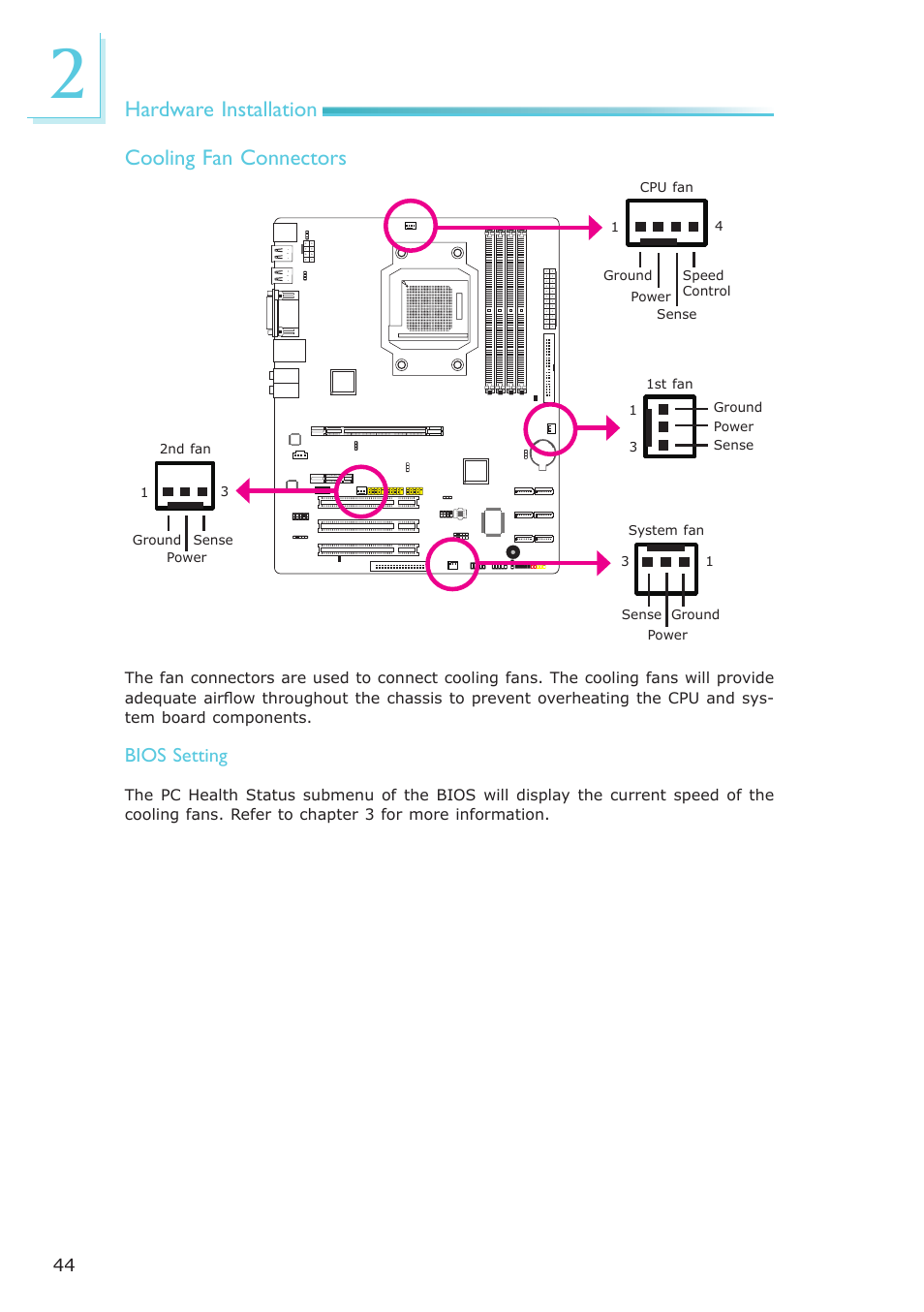 Hardware installation cooling fan connectors, Bios setting | DFI AM636-B User Manual | Page 44 / 133