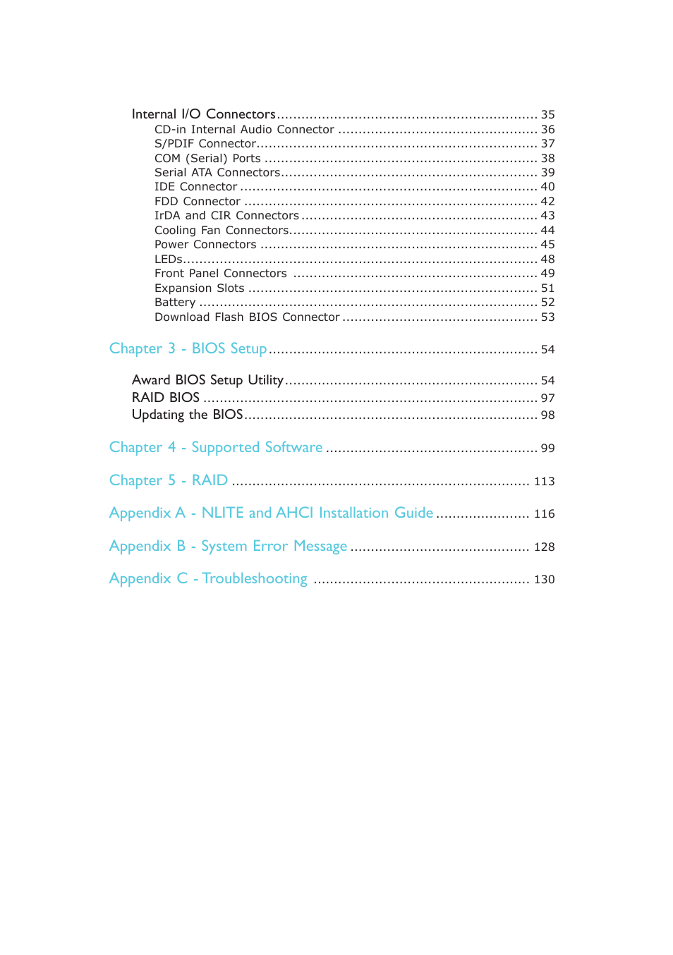 Chapter 3 - bios setup, Chapter 4 - supported software, Chapter 5 - raid | Appendix a - nlite and ahci installation guide, Appendix b - system error message, Appendix c - troubleshooting | DFI AM636-B User Manual | Page 5 / 133