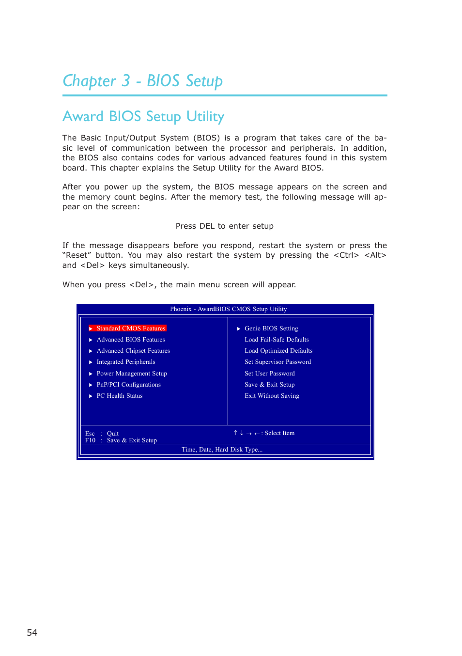 Chapter 3 - bios setup, Award bios setup utility, Bios setup | DFI AM636-B User Manual | Page 54 / 133