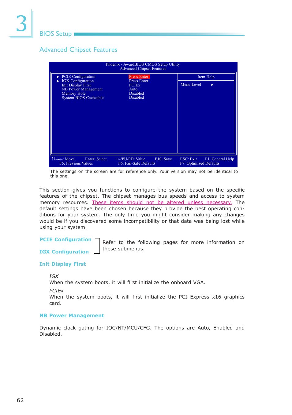 Bios setup, Advanced chipset features | DFI AM636-B User Manual | Page 62 / 133