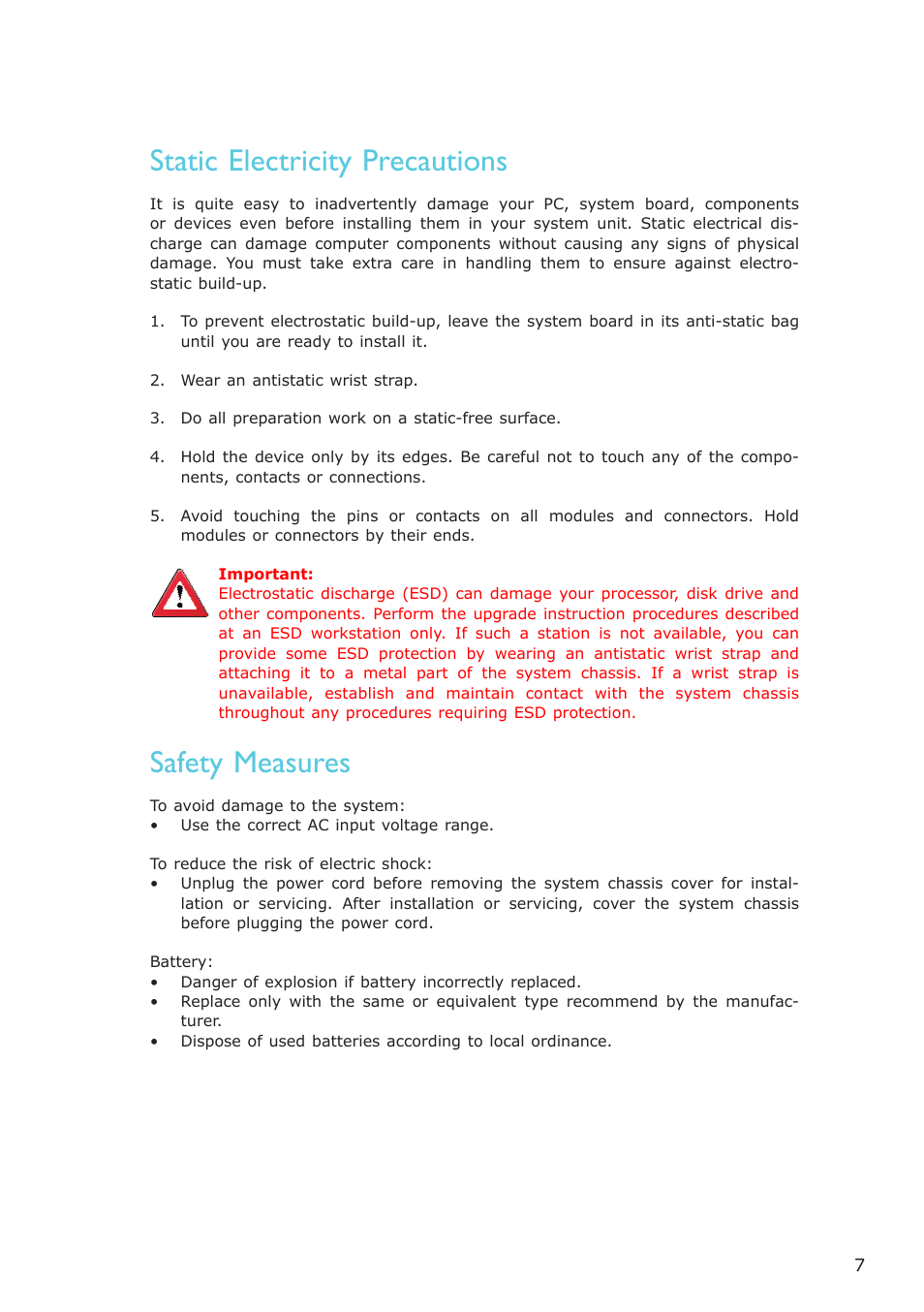 Static electricity precautions, Safety measures | DFI AM636-B User Manual | Page 7 / 133