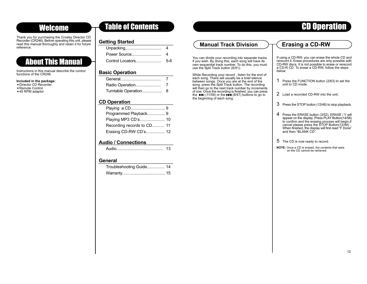 Cd operation, About this manual, Welcome table of contents | Erasing a cd-rw, Manual track division | Crosley Radio Crosley Director cr246 User Manual | Page 4 / 8