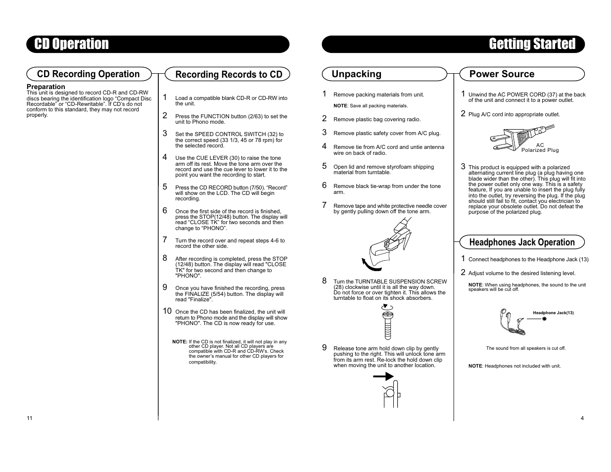 Getting started, Cd operation, Unpacking | Power source headphones jack operation, Cd recording operation, Recording records to cd | Crosley Radio Crosley Director cr246 User Manual | Page 5 / 8