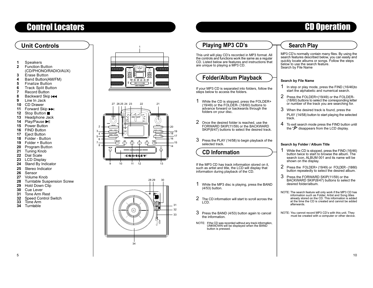 Control locators, Cd operation, Unit controls playing mp3 cds | Search play folder/album playback cd information | Crosley Radio Crosley Director cr246 User Manual | Page 6 / 8