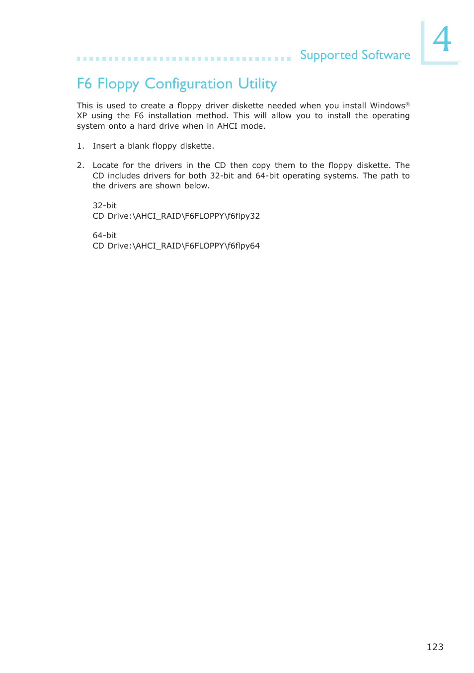 F6 floppy configuration utility, Supported software | DFI BL600-D User Manual | Page 123 / 149