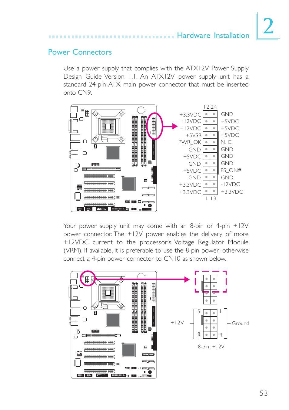 Hardware installation, Power connectors | DFI BL600-D User Manual | Page 53 / 149