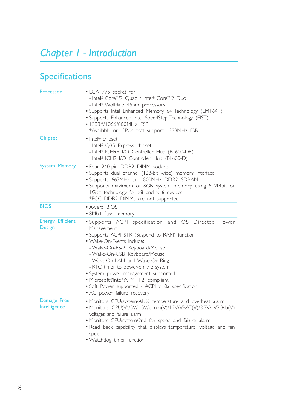 Chapter 1 - introduction, Specifications, Introduction | DFI BL600-D User Manual | Page 8 / 149