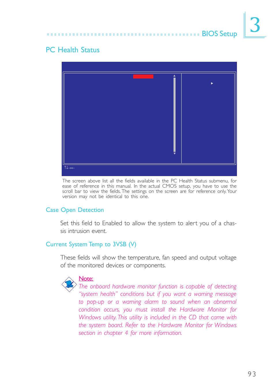 Bios setup pc health status | DFI BL600-D User Manual | Page 93 / 149
