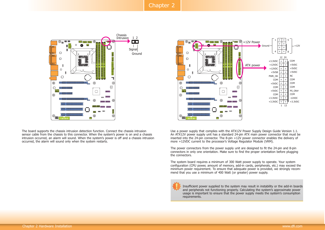 Chapter 2, Chassis intrusion connector, Power connectors | DFI DL631-C226 User Manual | Page 26 / 101