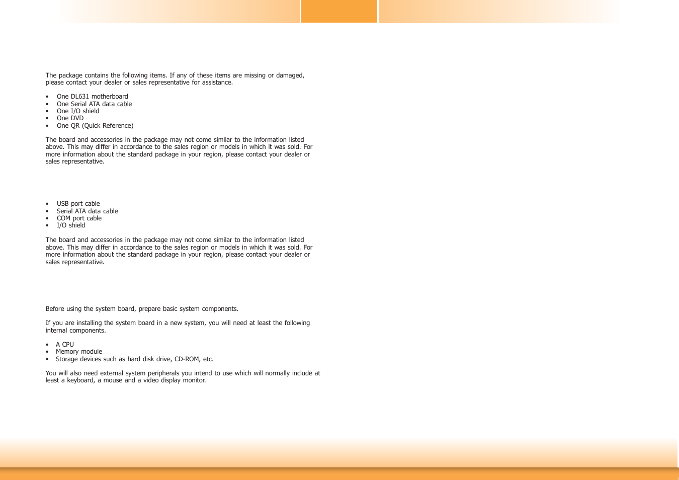 About the package, Before using the system board, Optional items | DFI DL631-C226 User Manual | Page 5 / 101