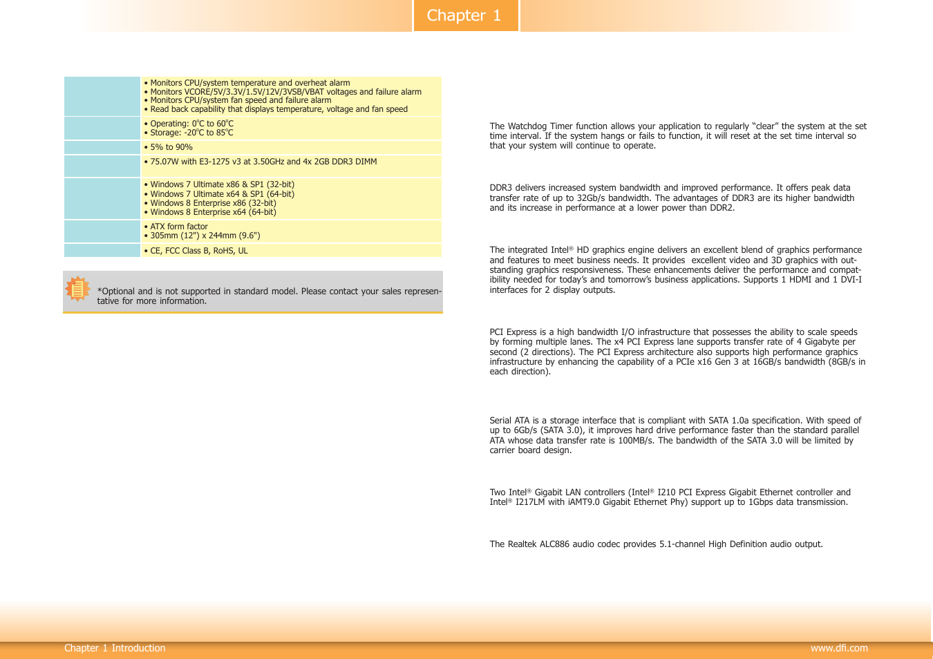 Features, Chapter 1 | DFI DL631-C226 User Manual | Page 7 / 101