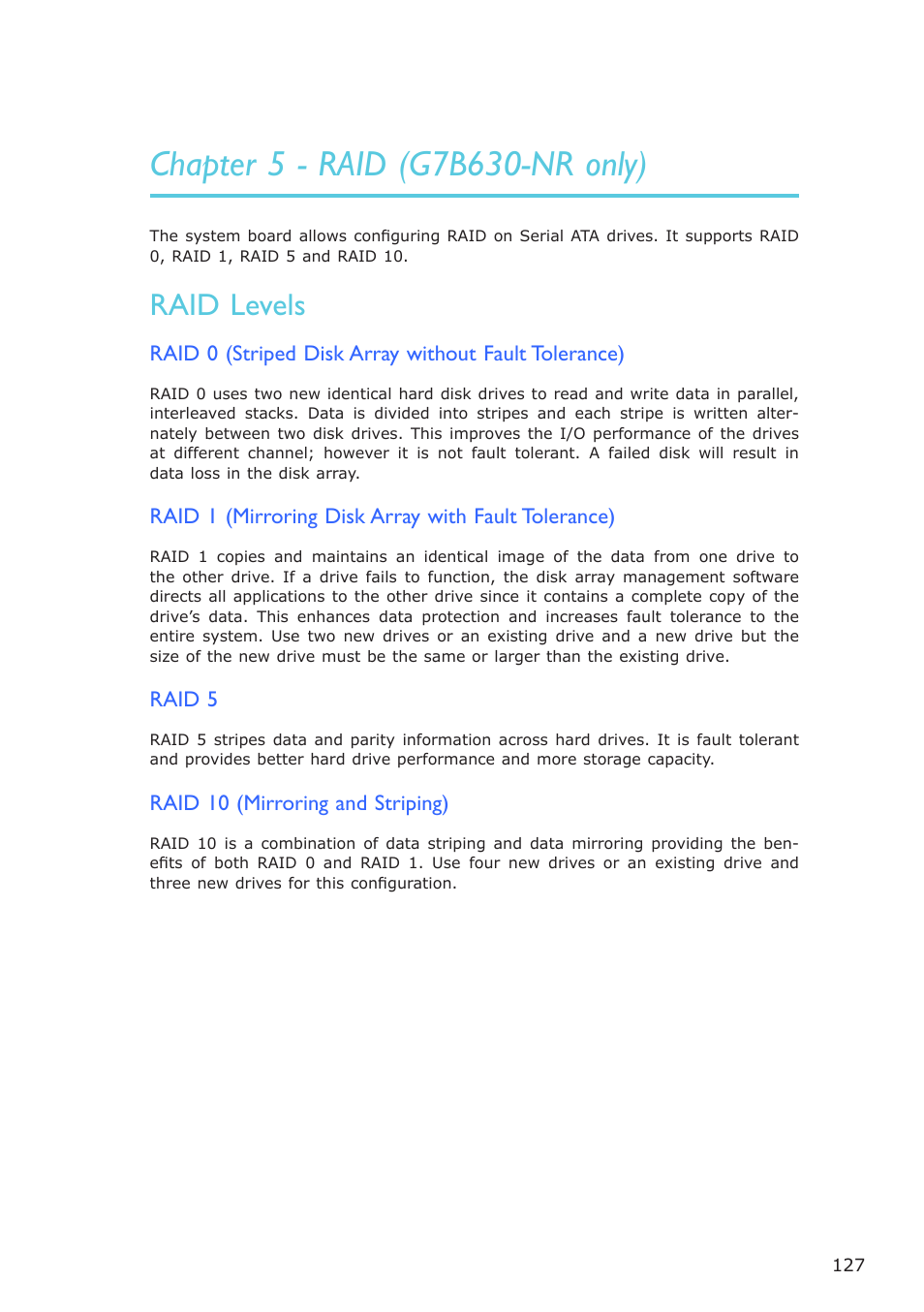 Chapter 5 - raid (g7b630-nr only), Raid levels | DFI G7B630-B User Manual | Page 127 / 154