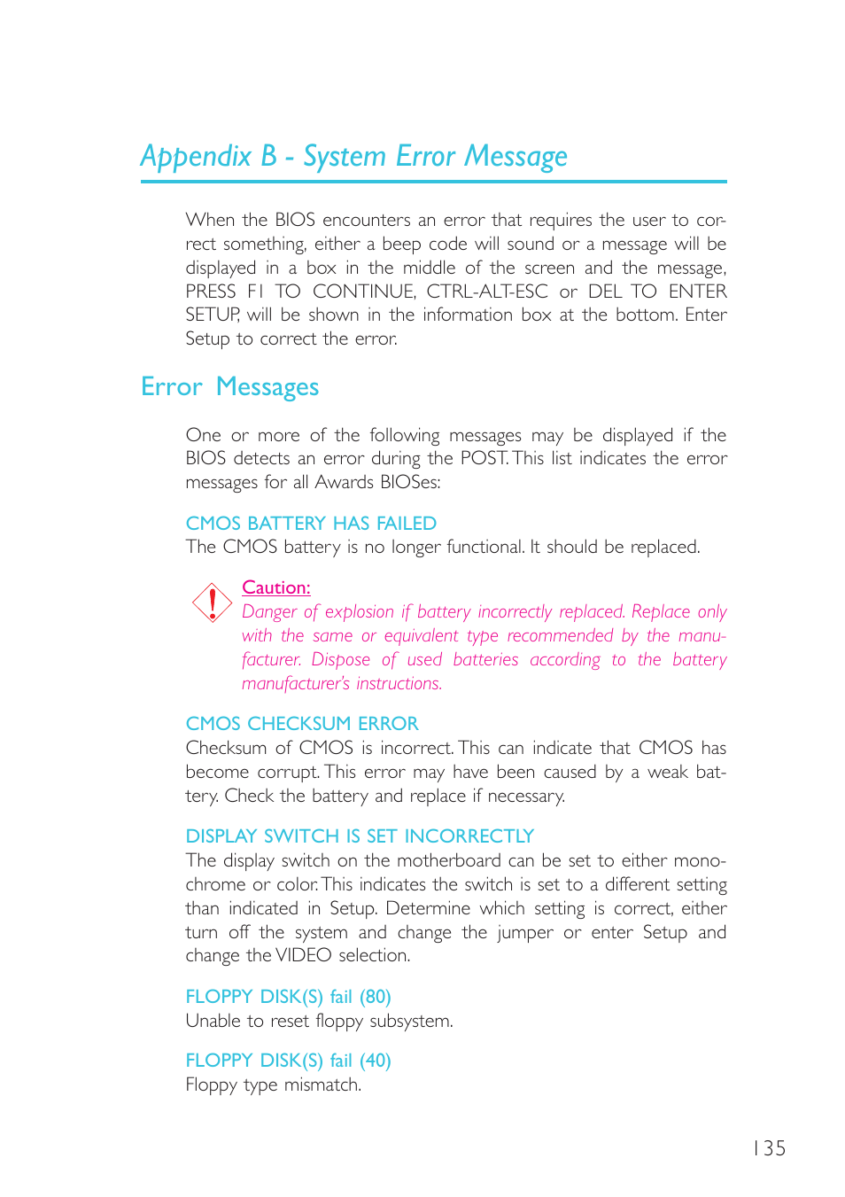 Appendix b - system error message, Error messages | DFI G7B630-B User Manual | Page 135 / 154