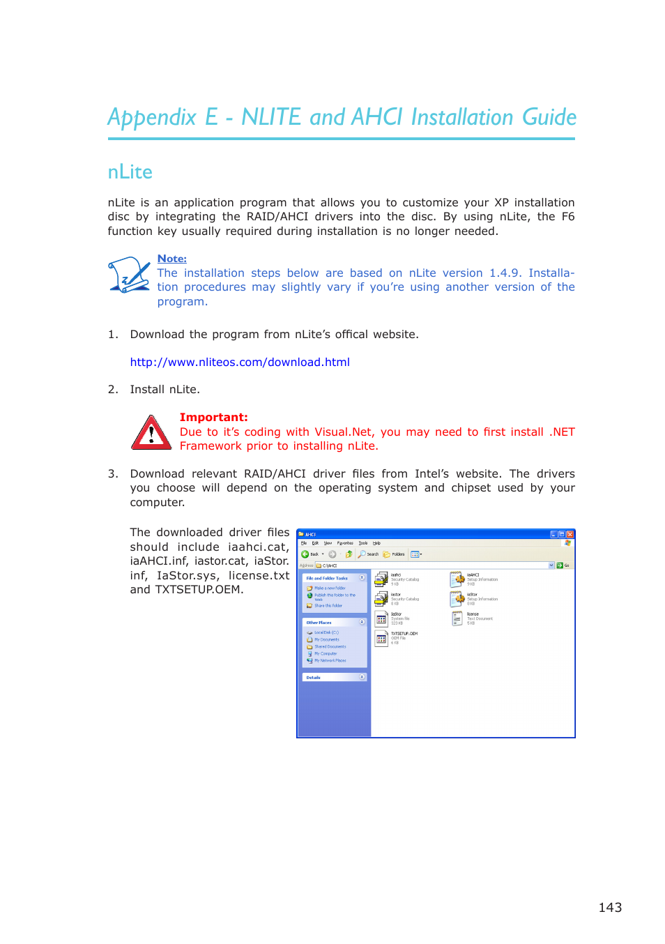 Appendix e - nlite and ahci installation guide, Nlite | DFI G7B630-B User Manual | Page 143 / 154
