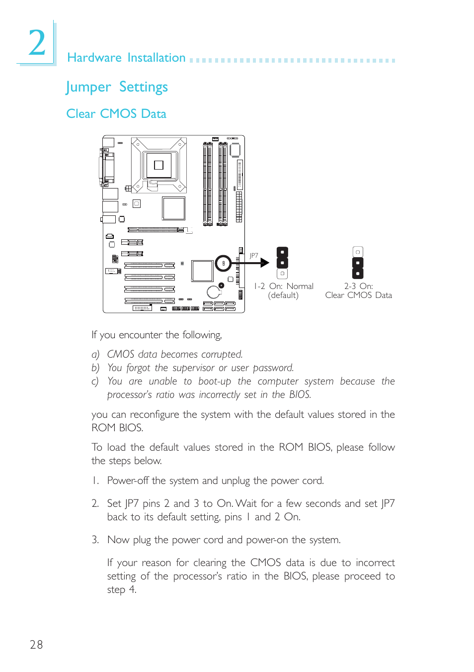 Jumper settings, Hardware installation, Clear cmos data | DFI G7B630-B User Manual | Page 28 / 154