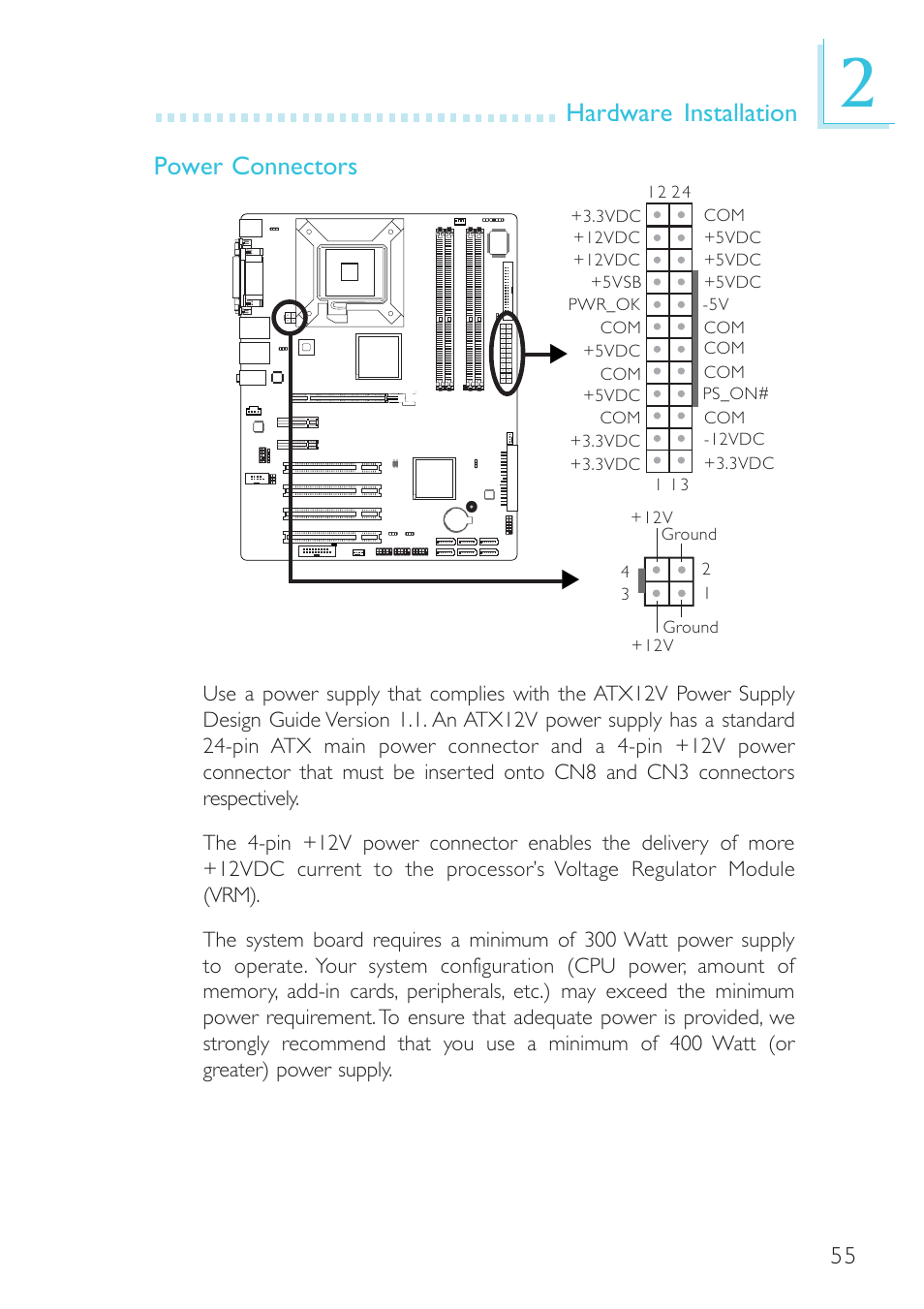 Hardware installation power connectors | DFI G7B630-B User Manual | Page 55 / 154