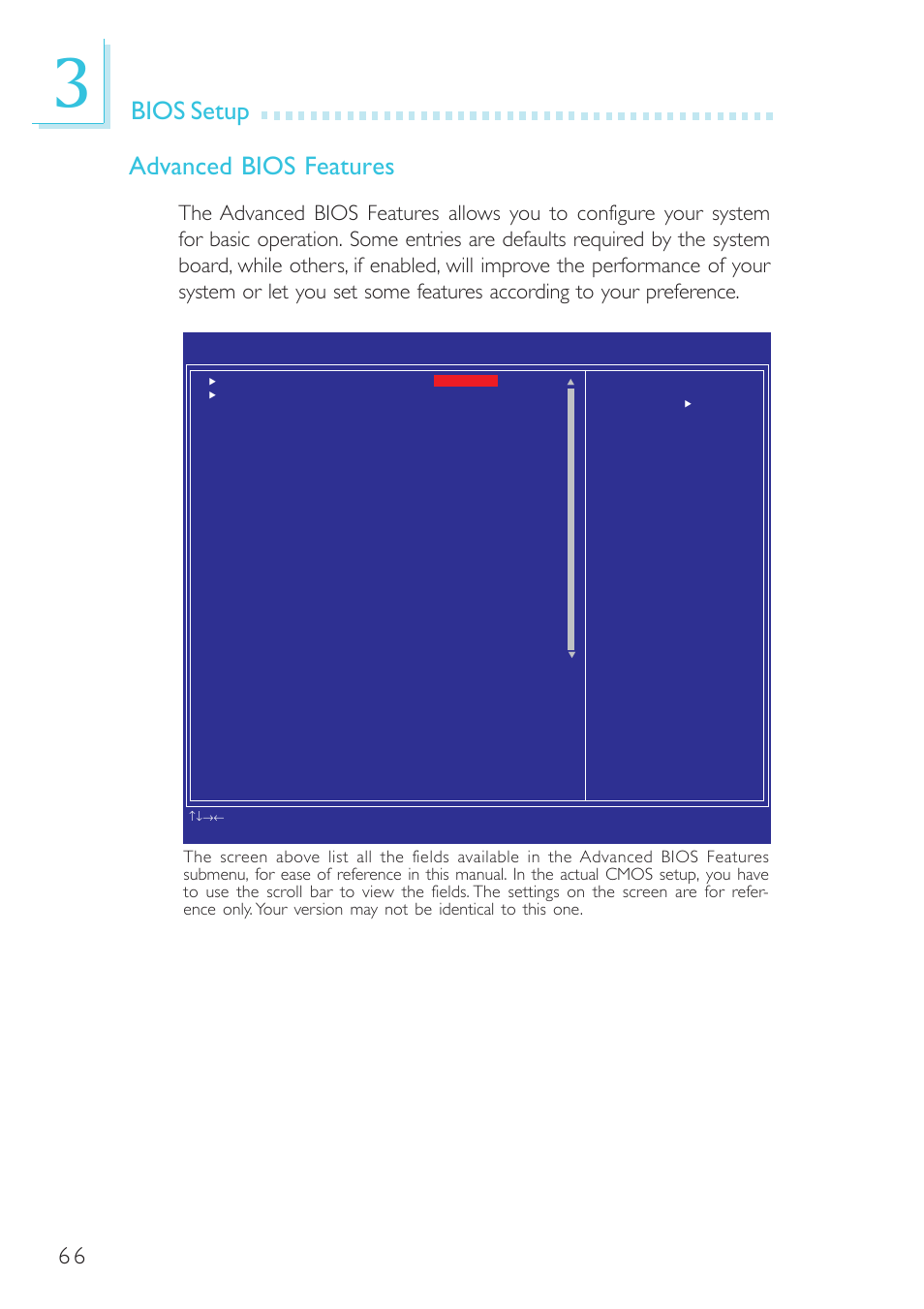 Bios setup advanced bios features | DFI G7B630-B User Manual | Page 66 / 154