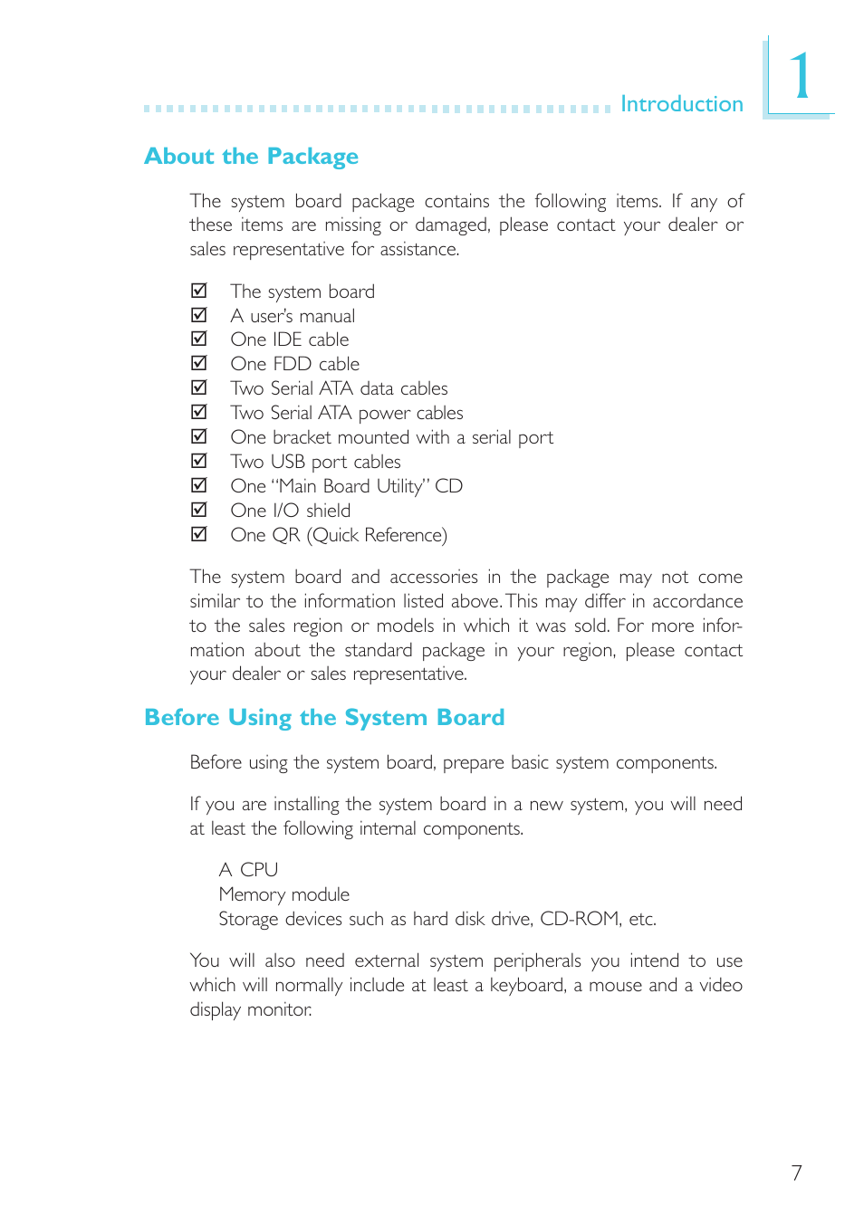 About the package, Before using the system board | DFI G7B630-B User Manual | Page 7 / 154