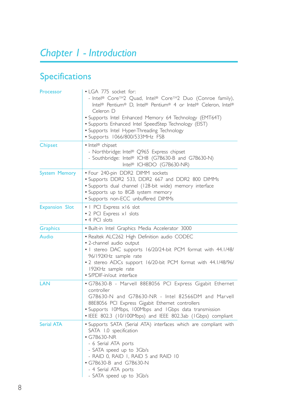 Chapter 1 - introduction, Specifications, Introduction | DFI G7B630-B User Manual | Page 8 / 154