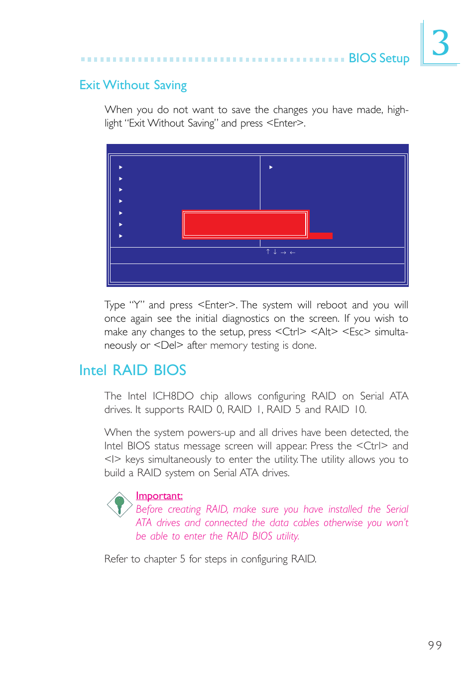 Intel raid bios, Bios setup exit without saving | DFI G7B630-B User Manual | Page 99 / 154