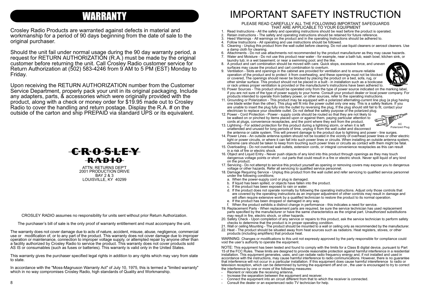 Important safety instruction, Warranty | Crosley Radio Crosley Traveler Stack-O-Matic CR89-BT User Manual | Page 2 / 5