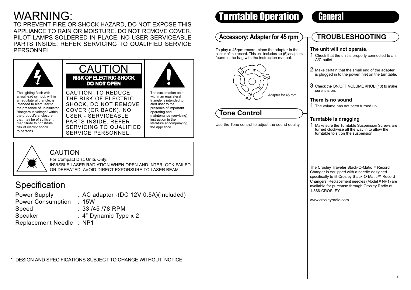 Warning, Caution, General | Turntable operation, Specification, Accessory: adapter for 45 rpm tone control, Troubleshooting | Crosley Radio Crosley Traveler Stack-O-Matic CR89-BT User Manual | Page 3 / 5