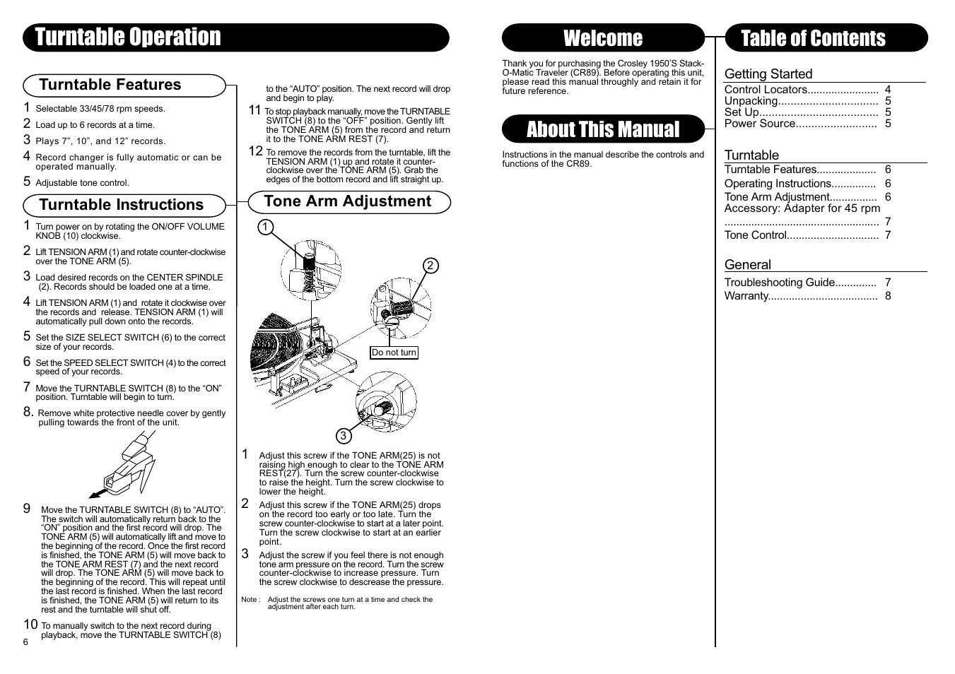 Turntable operation, About this manual, Welcome table of contents | Turntable features, Turntable instructions, Tone arm adjustment | Crosley Radio Crosley Traveler Stack-O-Matic CR89-BT User Manual | Page 4 / 5