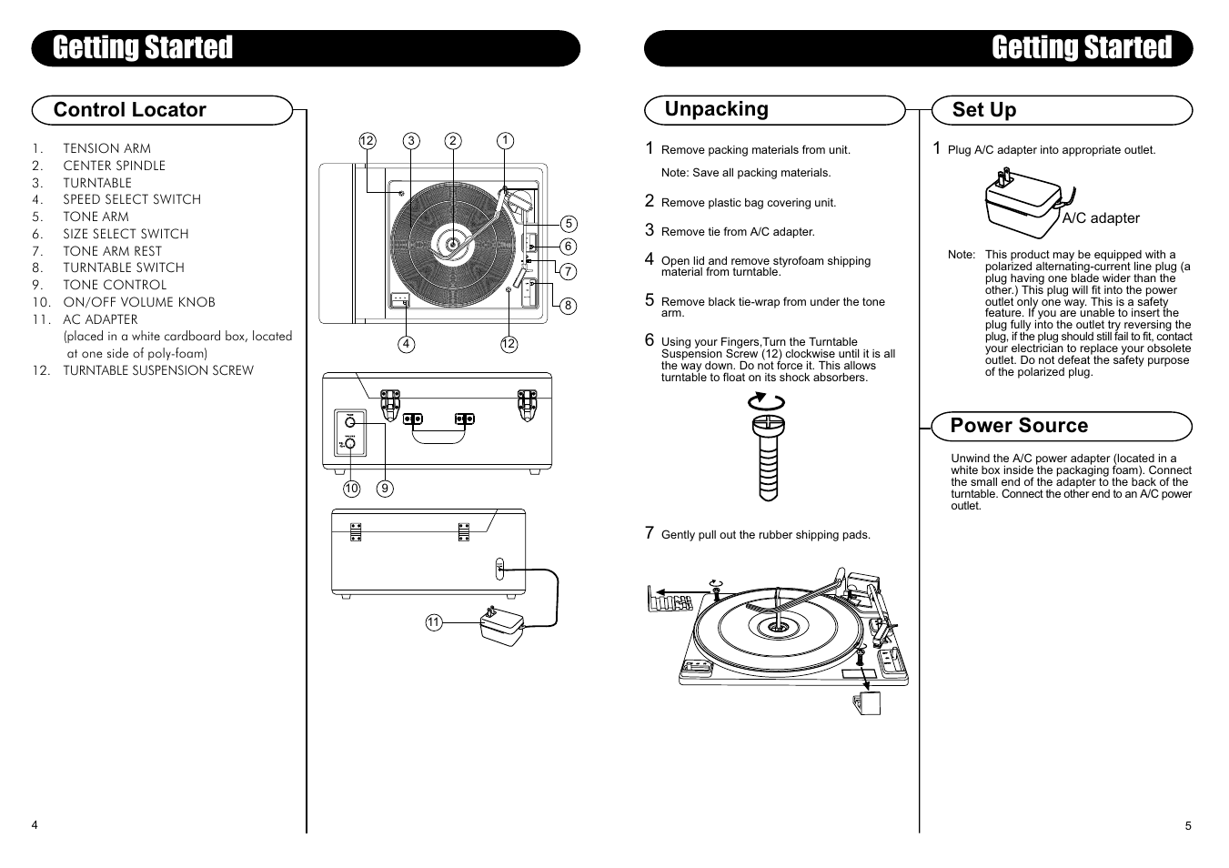 Getting started, Control locator, Unpacking | Power source set up | Crosley Radio Crosley Traveler Stack-O-Matic CR89-BT User Manual | Page 5 / 5