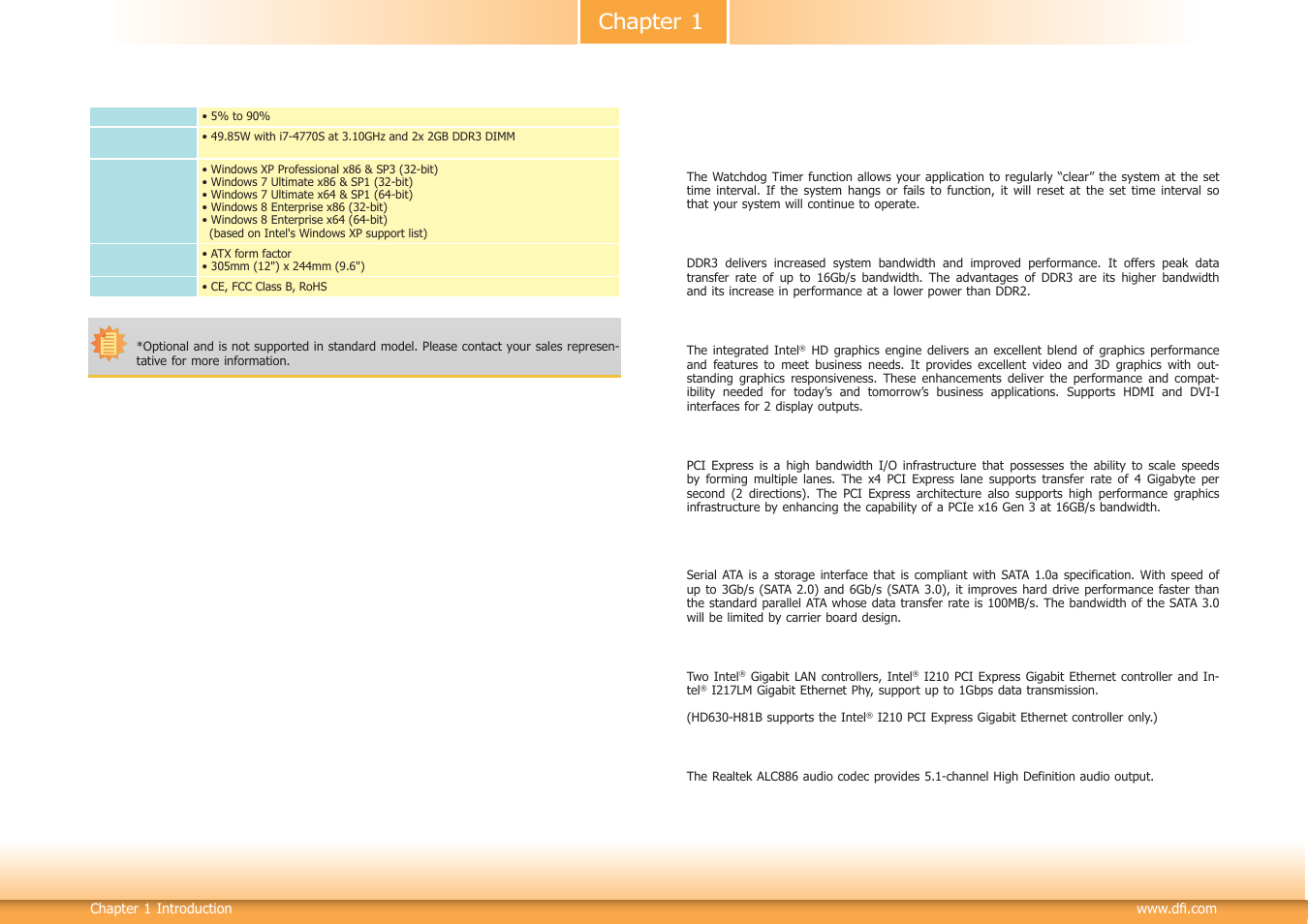 Features, Chapter 1 | DFI HD630-H81 User Manual | Page 7 / 83
