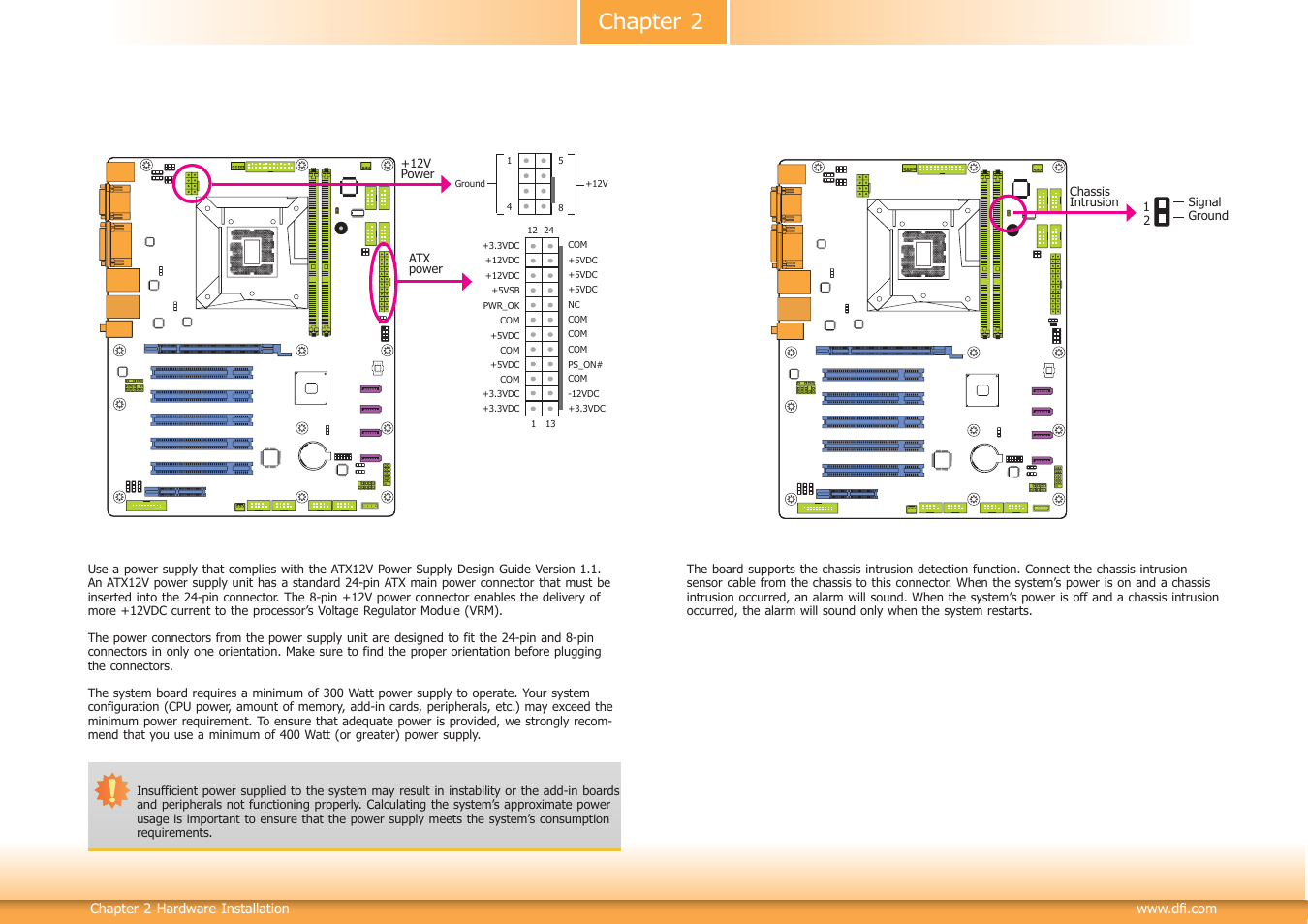 Chapter 2, Chassis intrusion connector, Power connectors | DFI HD632-H81 User Manual | Page 26 / 83