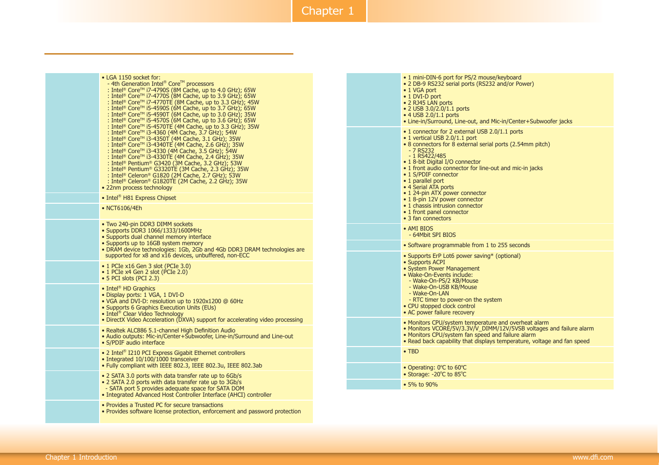 Chapter 1 - introduction, Specifications, Chapter 1 | DFI HD632-H81 User Manual | Page 6 / 83