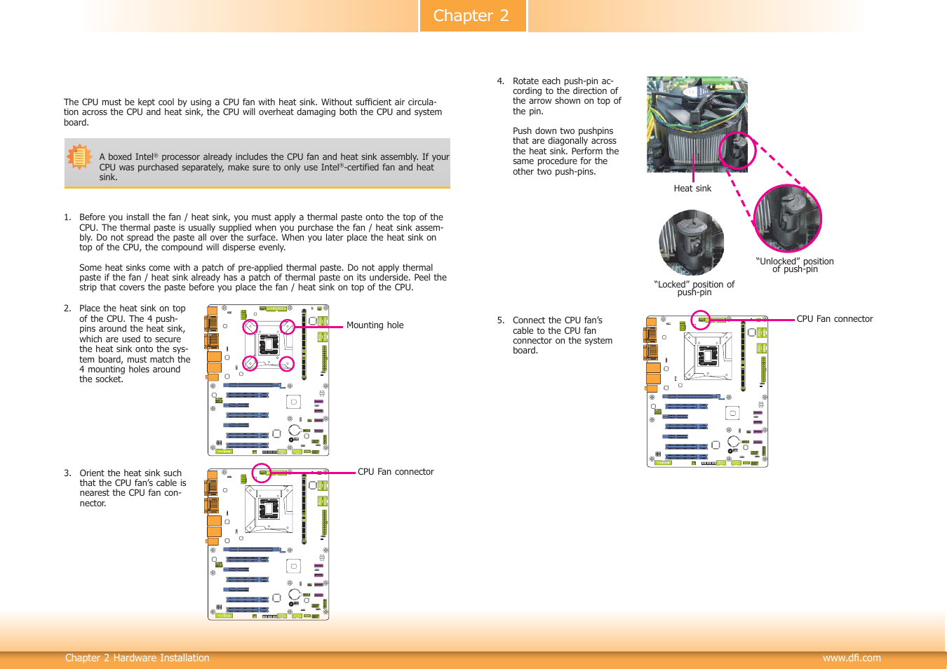Installing the fan and heat sink, Chapter 2 | DFI HD636-H81CS User Manual | Page 14 / 83