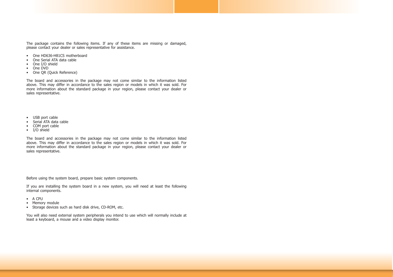 About the package, Before using the system board, Optional items | DFI HD636-H81CS User Manual | Page 5 / 83