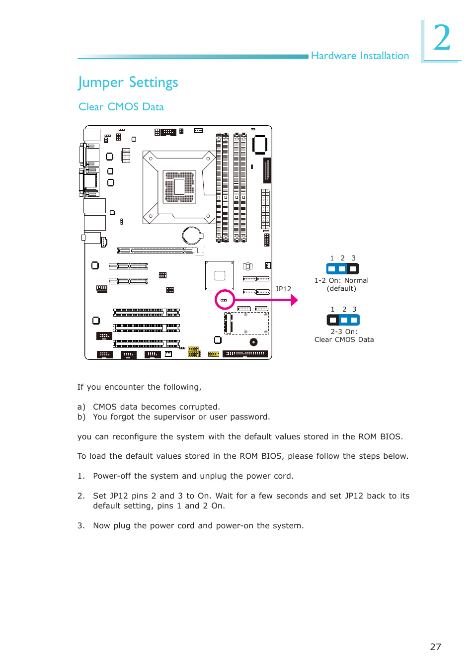 Jumper settings, Hardware installation, Clear cmos data | DFI MB630-CRM User Manual | Page 27 / 171