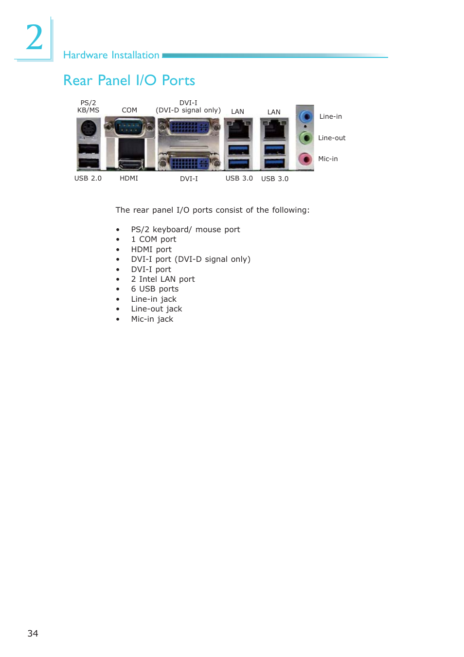 Rear panel i/o ports, Hardware installation | DFI MB630-CRM User Manual | Page 34 / 171