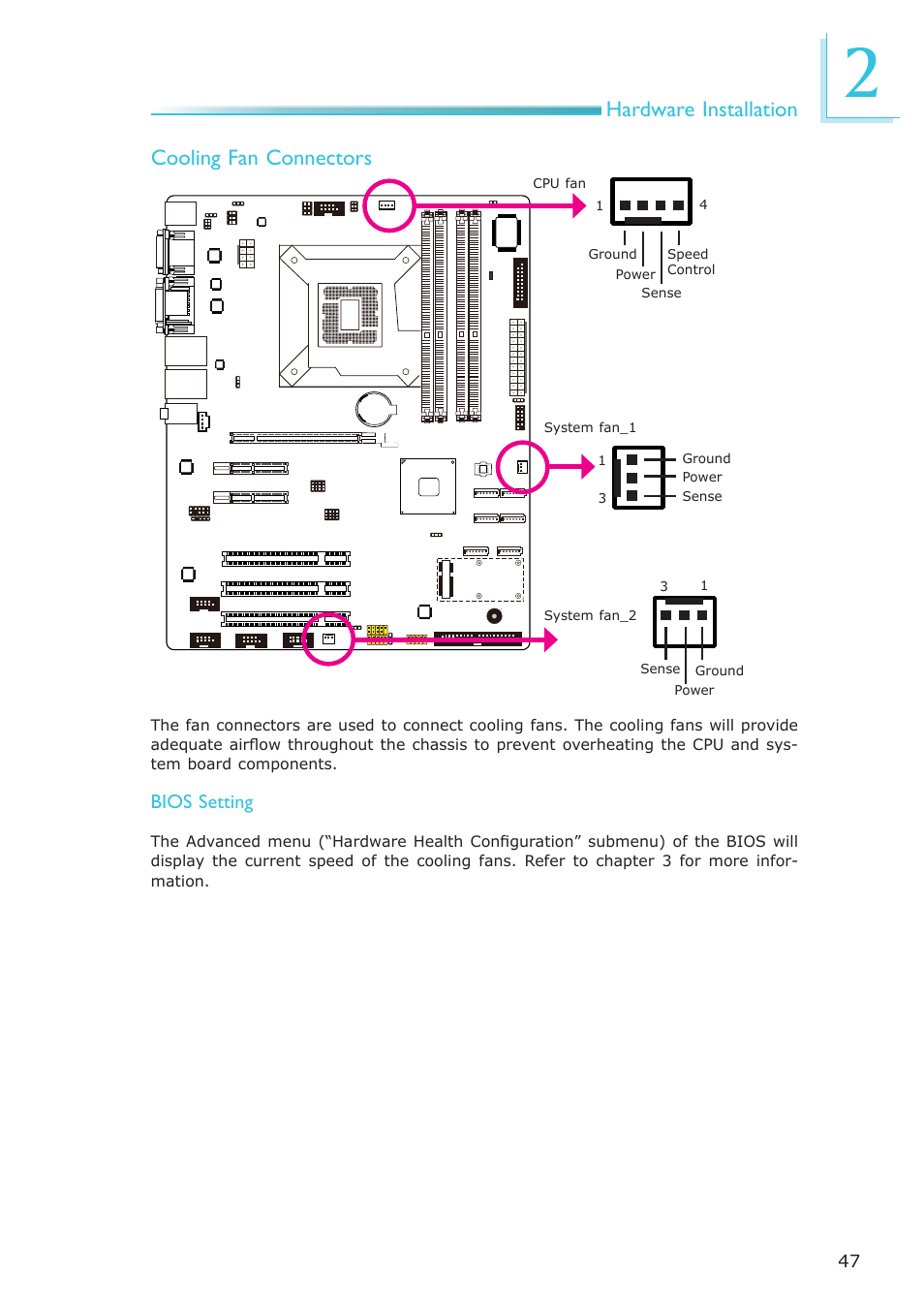 Hardware installation cooling fan connectors | DFI MB630-CRM User Manual | Page 47 / 171