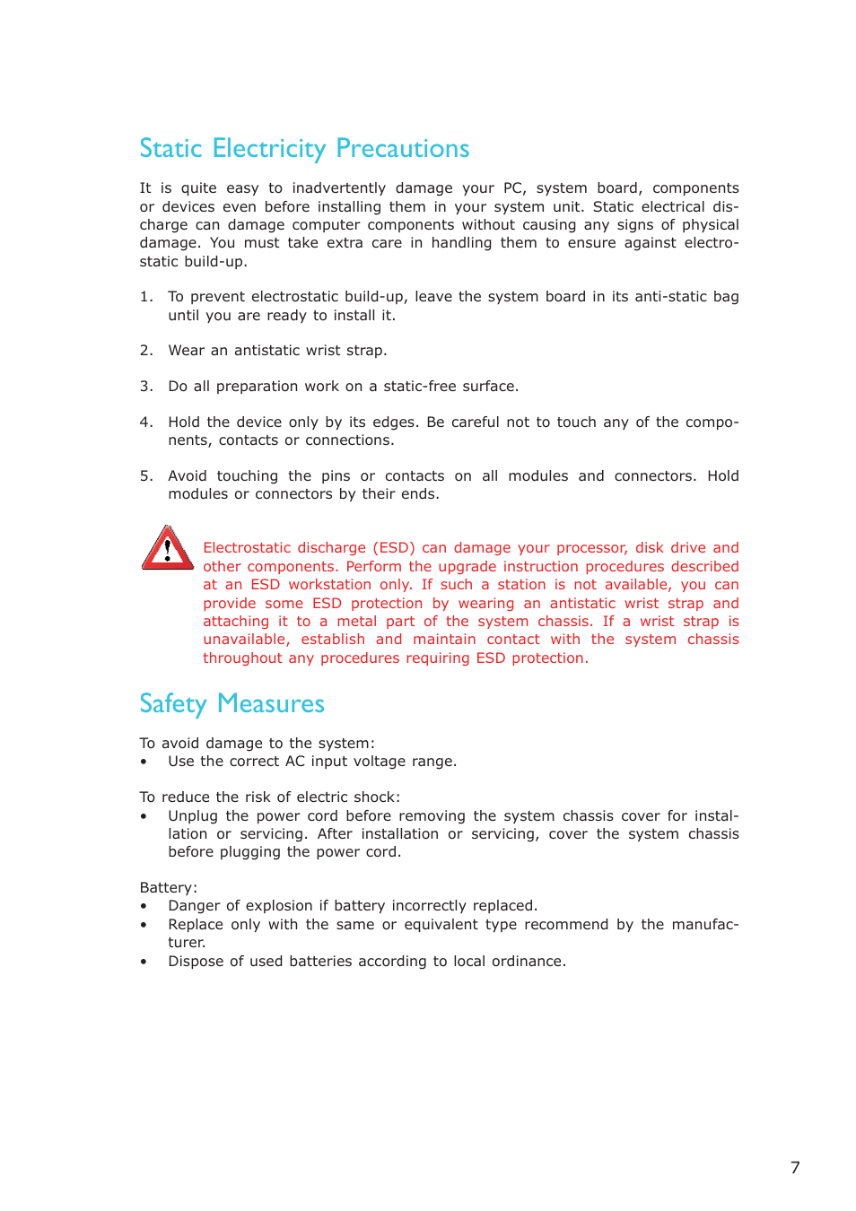 Static electricity precautions, Safety measures | DFI MB630-CRM User Manual | Page 7 / 171